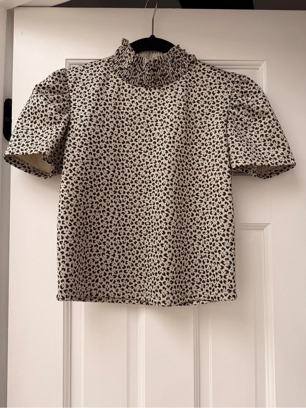 Zara Cream and Black Smocked Neck Leopard Print Top